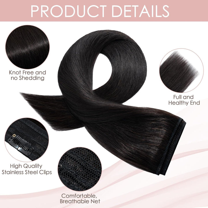 60cm Clip in Extenions Echthaar Haarteile Echthaar 1Pc 5Clips Haarteil #1B Naturschwarz Weich Natürl