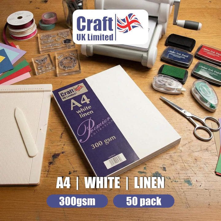 Craft UK W123, recycelter Leinen-Karton, 300 g/m², weiss, 100 Blatt. Weisser Leinen-Karton, 300 g/m²