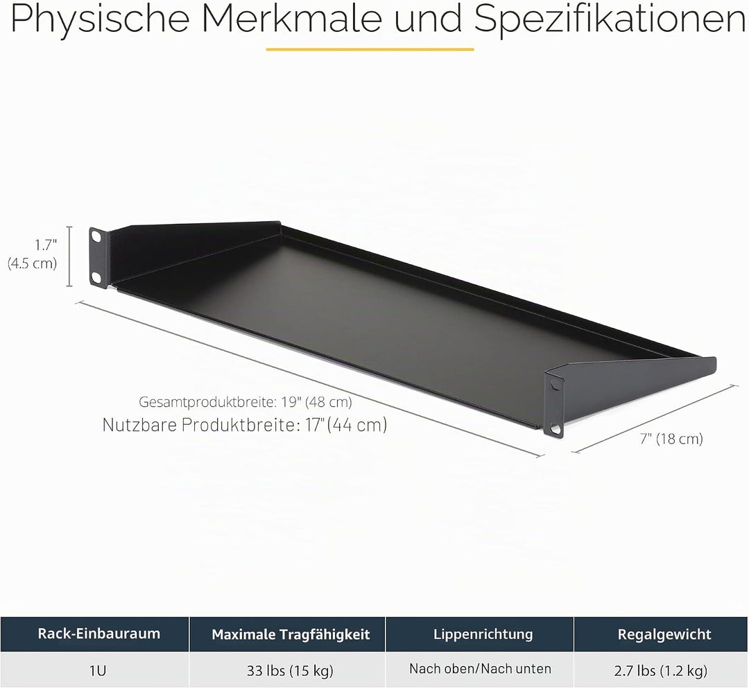 StarTech.com 1HE Fachboden - 19 Zoll Rack Boden - Computer-Rack - Serverschrank Fachboden 17,7 cm Ti