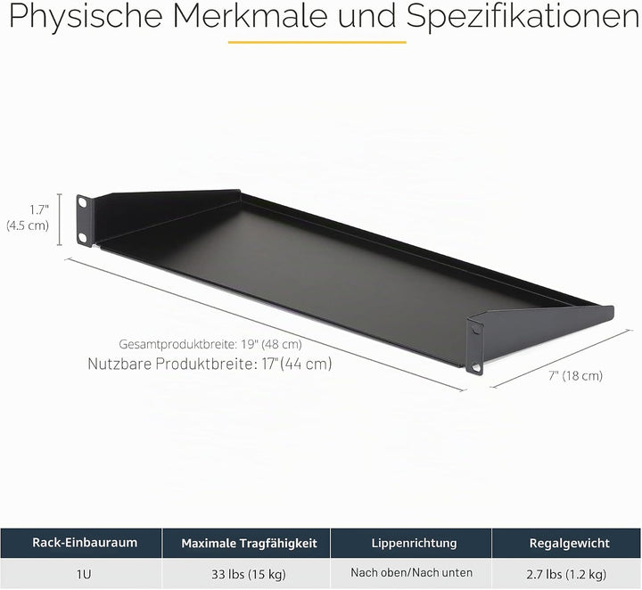 StarTech.com 1HE Fachboden - 19 Zoll Rack Boden - Computer-Rack - Serverschrank Fachboden 17,7 cm Ti