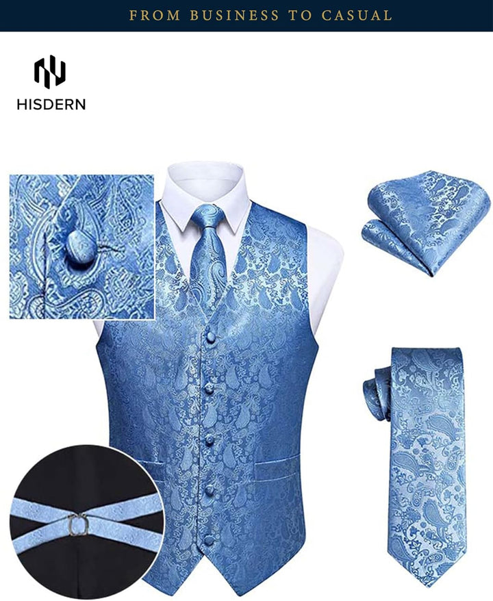 HISDERN Herren FLoral Hochzeit Weste Krawatte Einstecktuch Taschentuch Jacquard Weste Anzug Set S He