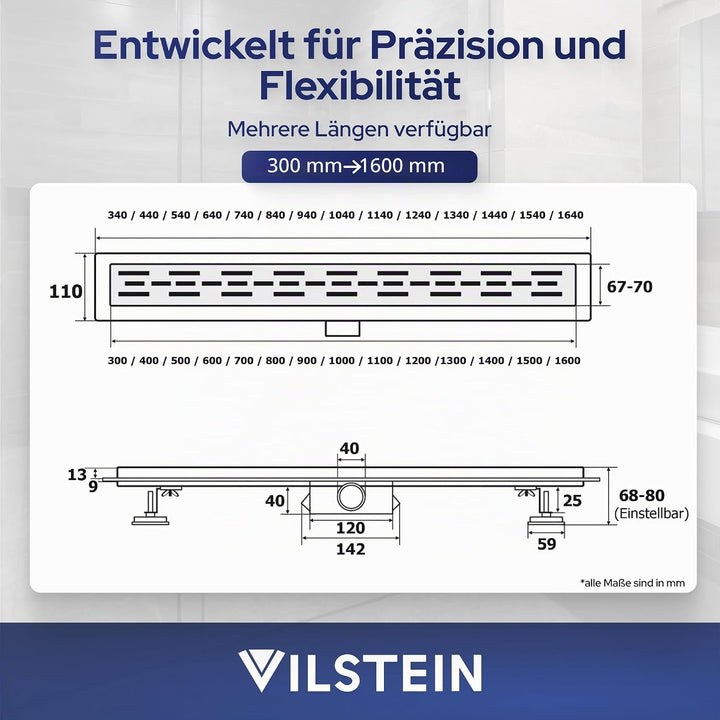 VILSTEIN Duschrinne 30cm | Befliesbar | Edelstahl Bodenablauf Komplettset | Extra flach | Siphon mit