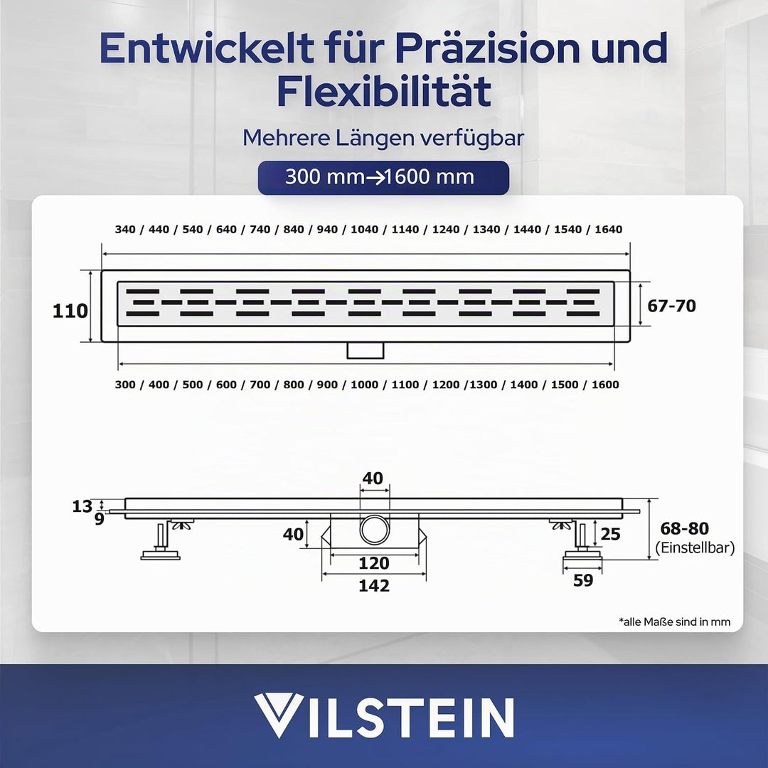 VILSTEIN Duschrinne 110cm | Befliesbar | Edelstahl Bodenablauf Komplettset | Extra flach | Siphon mi