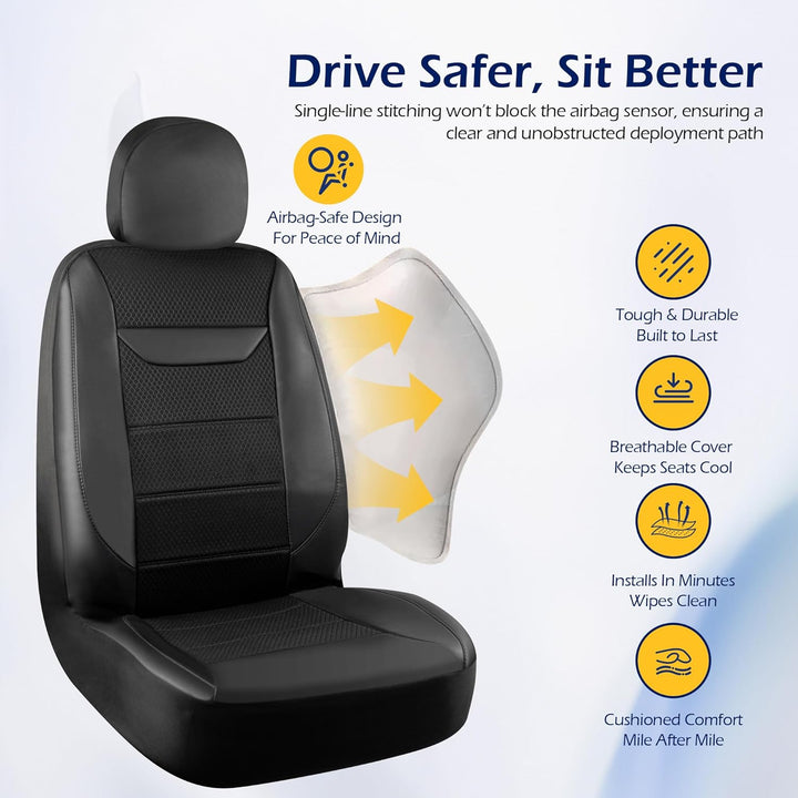 kingphenix 2er-Pack Vordersitzbezüge aus Memory-Schaumleder, Atmungsaktives 4D-Mesh, Airbag-kompatib