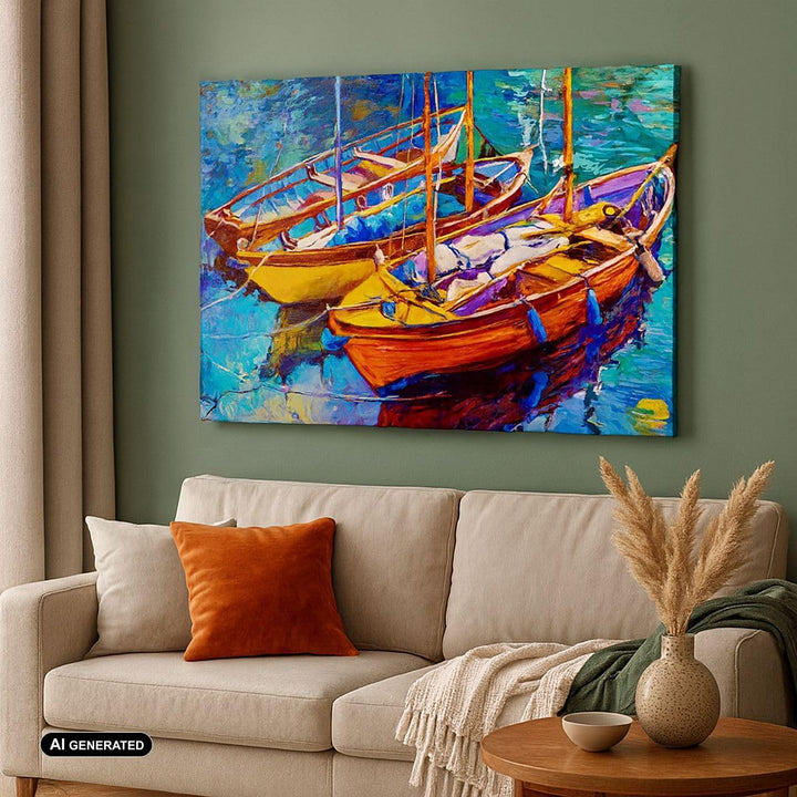 Bilder auf Leinwand 100x70cm Leinwandbild Boote Bunt Angeln Wasser Gross Wanddeko Bild Schlafzimmer