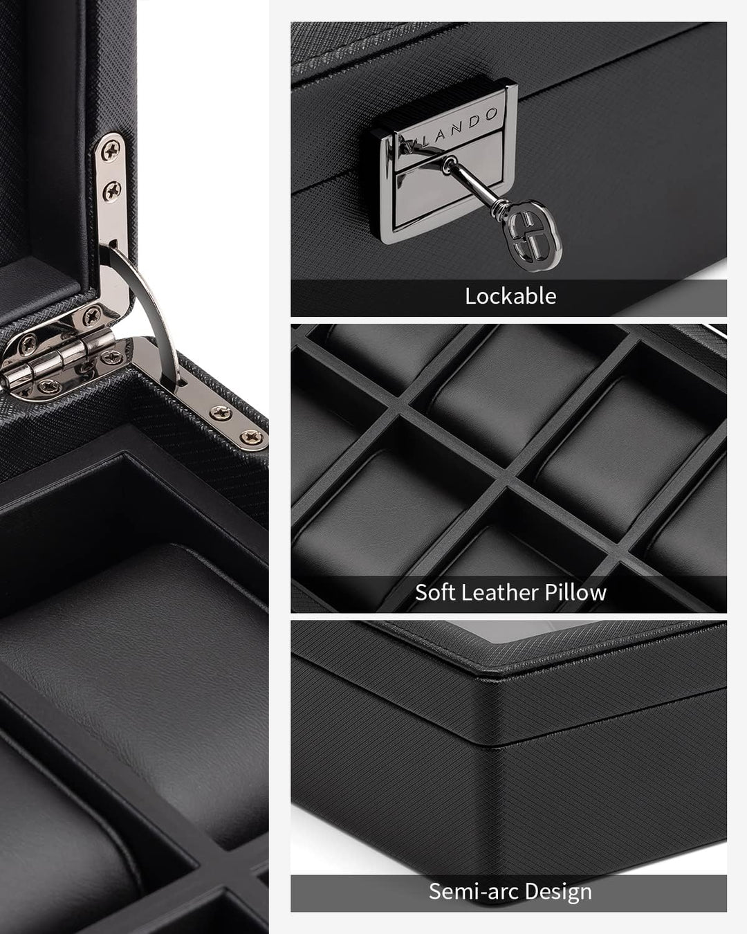 Vlando Uhrenbox mit 10 Fächern, Uhrenkasten mit Glasdeckel, Uhrenaufbewahrung Herren, Uhrenvitrine m