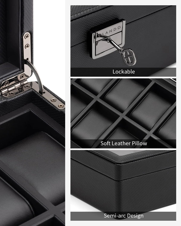 Vlando Uhrenbox mit 10 Fächern, Uhrenkasten mit Glasdeckel, Uhrenaufbewahrung Herren, Uhrenvitrine m