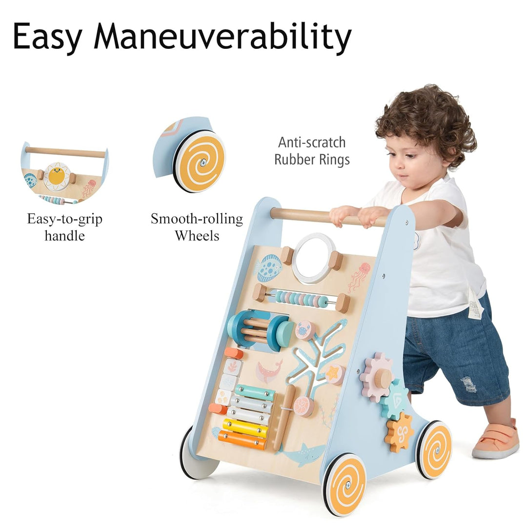 LIFEZEAL Lauflernwagen Holz, Gehhilfe Kinder mit 4 Rädern und 1 Spiegel, Lauflernhilfe mit Stauraum,