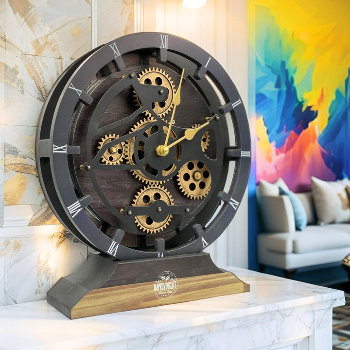 Schreibtischuhr 25,4 cm mit echten beweglichen Zahnrädern, umwandelbar in Wanduhr (Vintage-Schwarz)