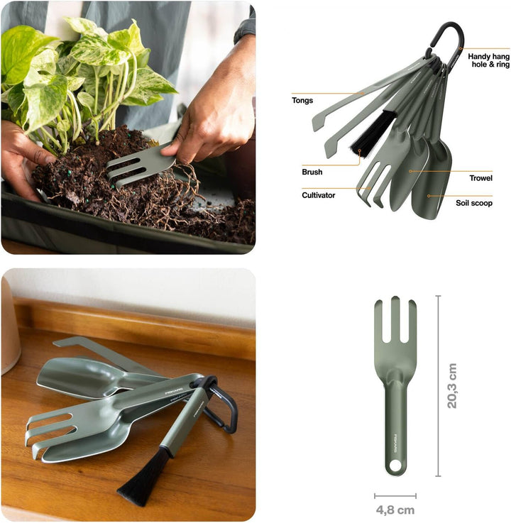 Fiskars Urban Plant Care Pflanzwerkzeuge Set, 5-TLG, All-in-One-Kit für Zimmerpflanzen, Platzsparend