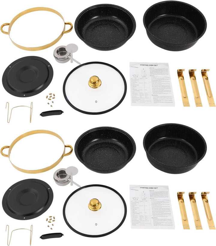 2er Warmhaltebehälter Essen, 5L Rund Edelstahl Chafing Dish Set mit Glasdeckel, Kalt &amp; Heiss Stapelb