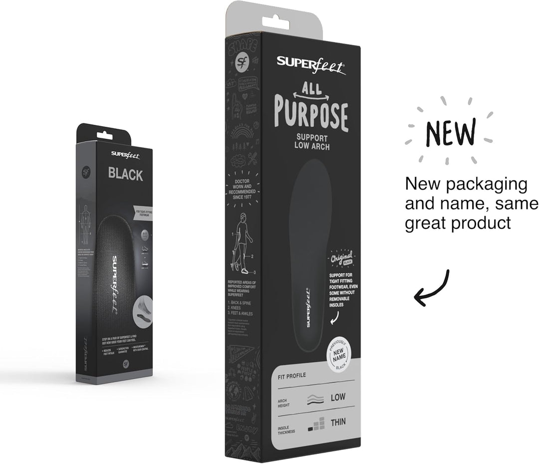 Superfeet BLACK Schuheinlagen Flexible dünne Premium Einlegesohlen für Orthopädischen Halt in engen