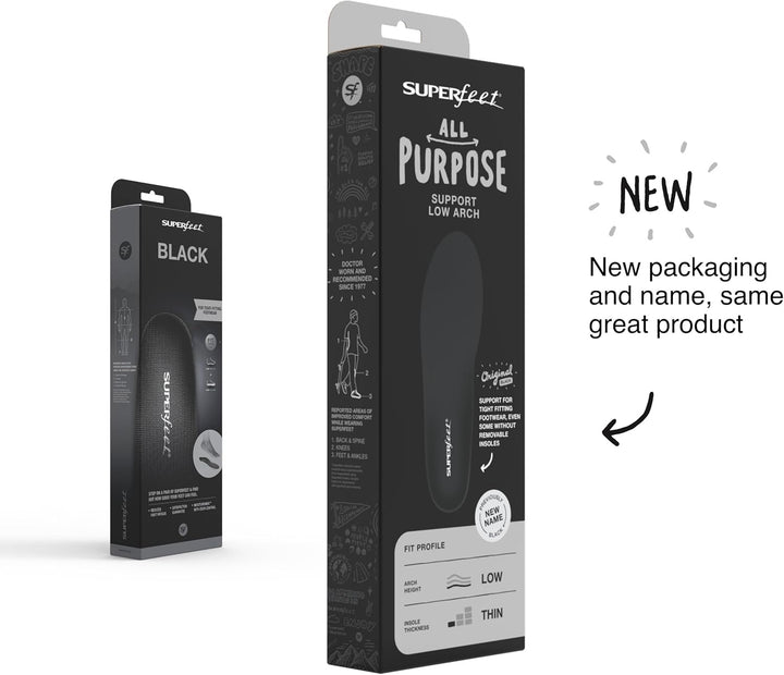 Superfeet BLACK Schuheinlagen Flexible dünne Premium Einlegesohlen für Orthopädischen Halt in engen