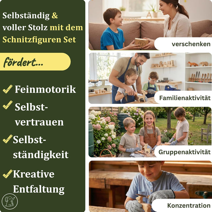 Eli® Lindenholz - Schnitzfiguren zum Schnitzen inkl. Schnitzanleitung für Kinder - Bastelset - Schni