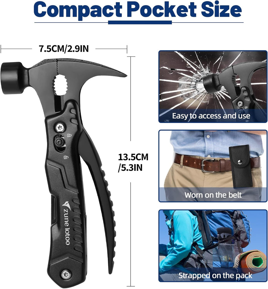Zune Lotoo Multitool Camping Hammer, 14 in 1 Tragbares Multitool Werkzeug aus Edelstahl, Survival Mu