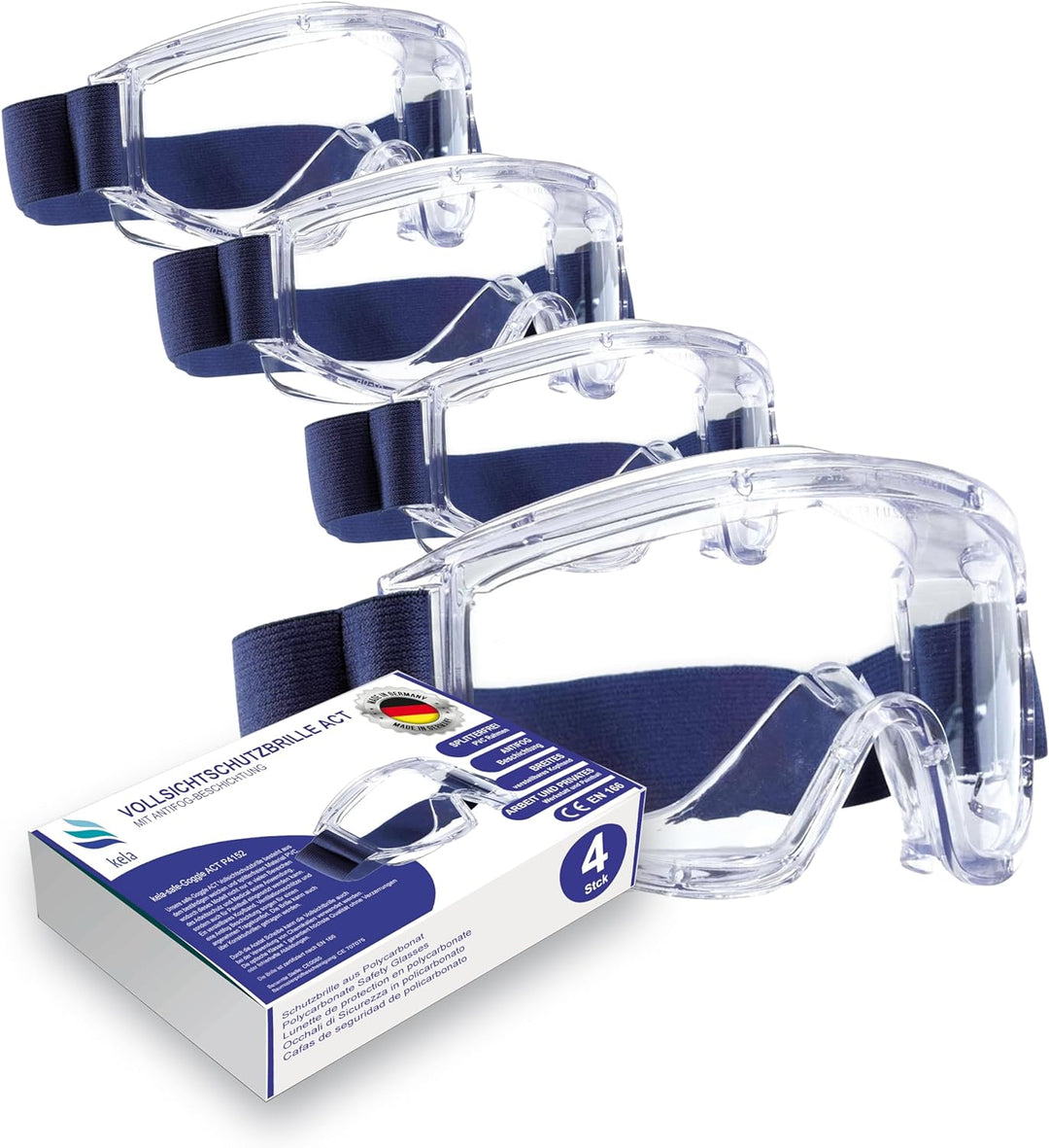 kela 4er Pack Vollsichtschutzbrillen ACE I 100% Made in Germany | Ventilation Anti Fog Beschichtung