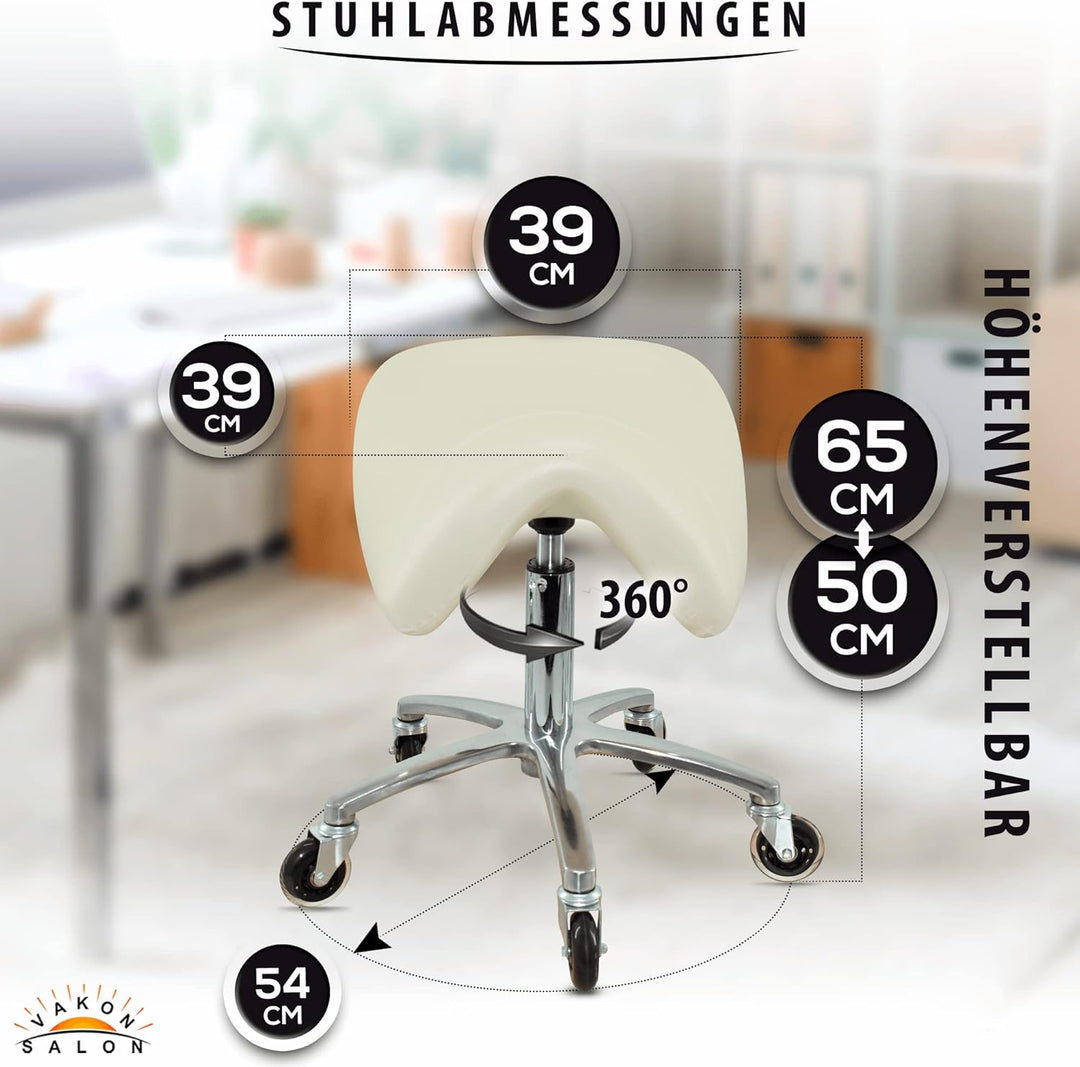 Premium Sattelhocker Weiss, Sattelstuhl für Rückenentlastung, Rollhocker höhenverstellbar von 50-65