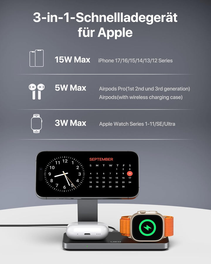 Induktive Ladestation Kompatibel mit Magsafe Ladegerät,QTlier 3 in 1 iPhone Ladestation für Air 17/1
