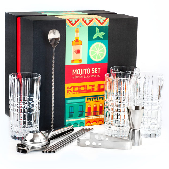 KOOLTHO Mojito Gläser Set Cocktail Geschenkset, Geschenk Cocktails Glas 4er Sets Zubehör Zitronenpre