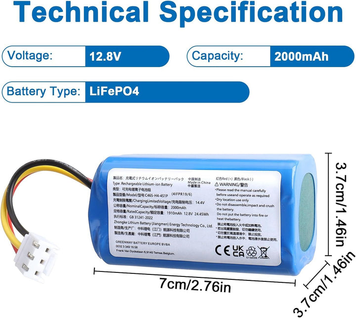 12,8V 2000mAh Ersatzakku, kompatibel mit Severin Chill RB7025 RB-7025, wiederaufladbarer LiFePO4-Akk