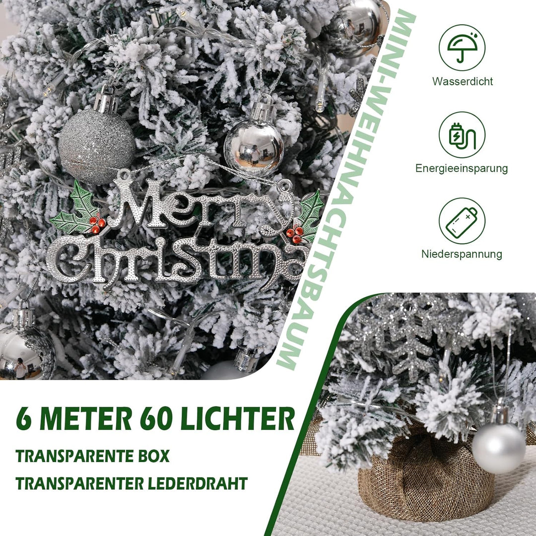 60cm Kleiner Weihnachtsbaum mit Beleuchtung, Silber Weiss Künstlicher Weihnachtsbaum Klein mit LED B