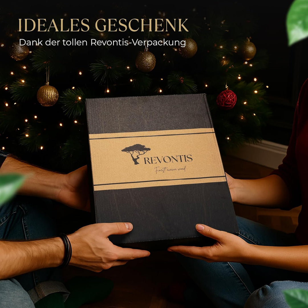 REVONTIS Schneidebrett Set aus Akazienholz – 3 Grössen (40×30, 33×24, 26×18 cm) mit Halter & Saftril