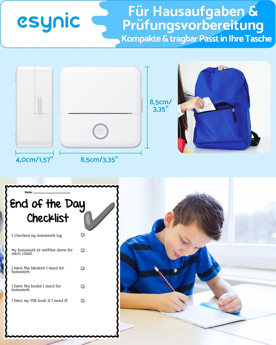 eSynic Tragbarer Mini-Drucker, kompatibel mit Android und iOS, Thermodrucker ohne Tinte oder Toner,