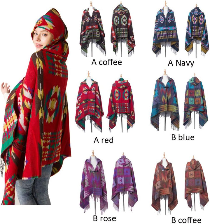 MeiPing Damenmode Croissant Button Bohemian Fringe Blended Kaschmir Kapuzen Cape Blau, Blau