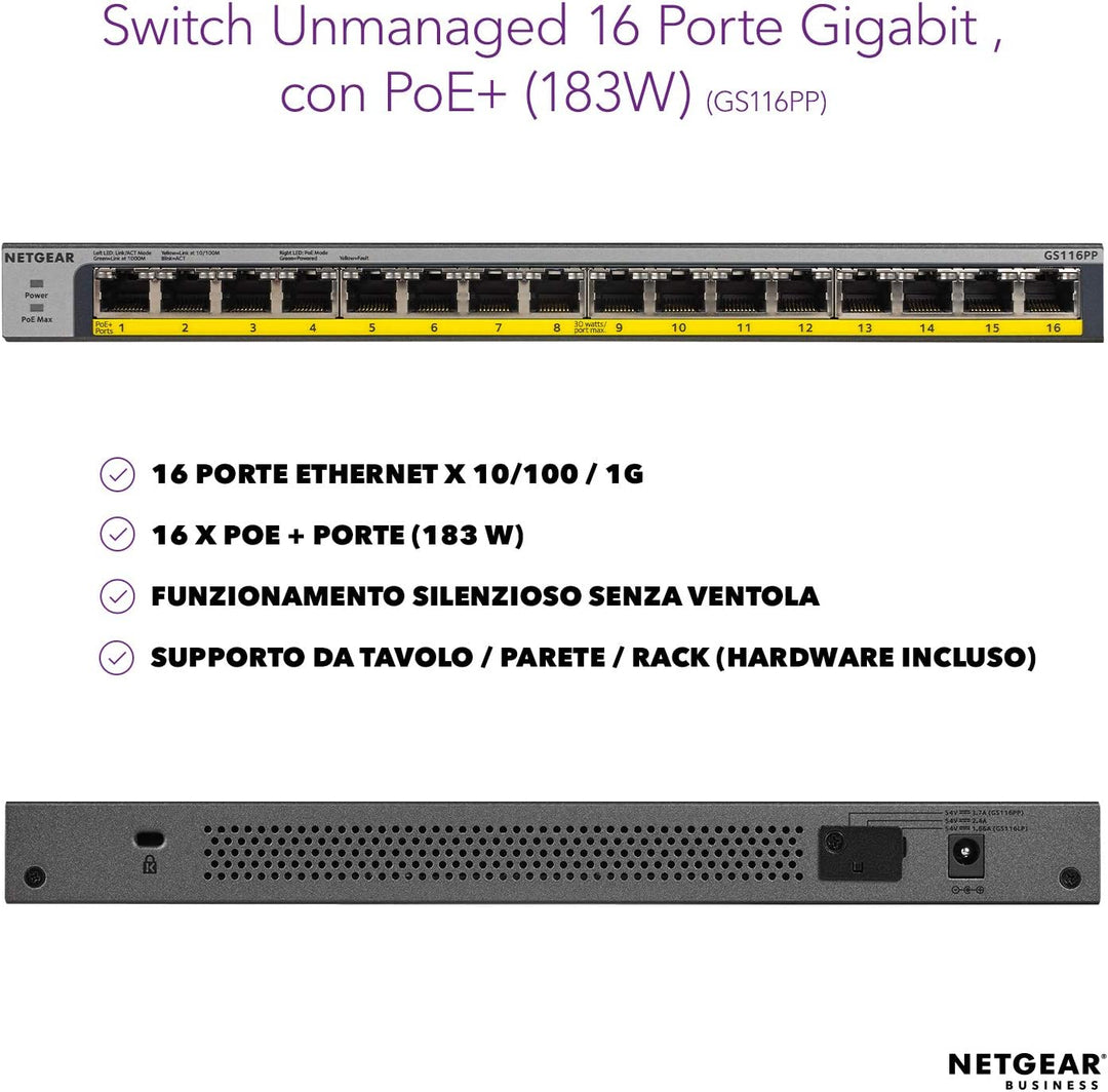 NETGEAR GS116PP PoE Switch 16 Port Gigabit Ethernet LAN Switch mit 16x PoE+ 183W (Plug-and-Play Netz