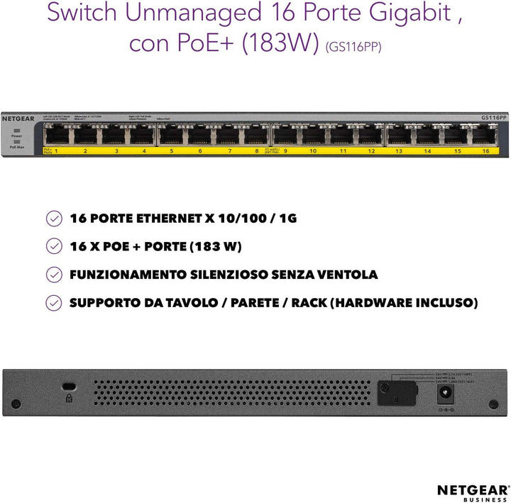 NETGEAR GS116PP PoE Switch 16 Port Gigabit Ethernet LAN Switch mit 16x PoE+ 183W (Plug-and-Play Netz