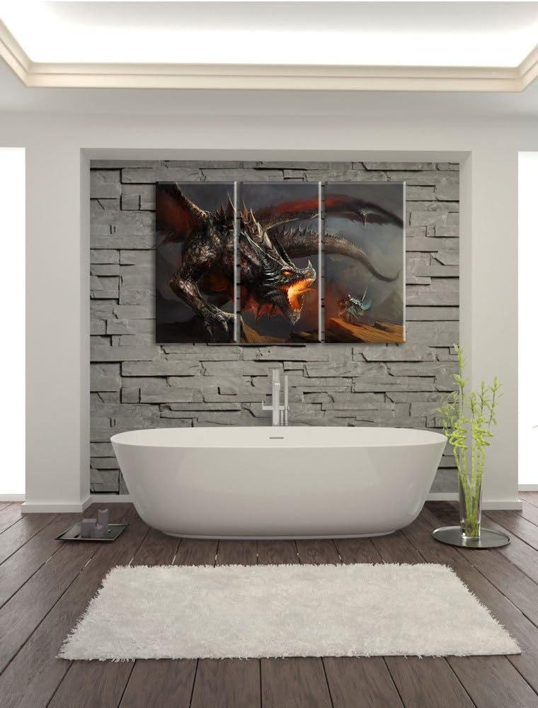 Pixxprint Kampf zwischen Mensch und Drache als Leinwandbild | Grösse: 3 Teilig (120x80) | Wandbild|