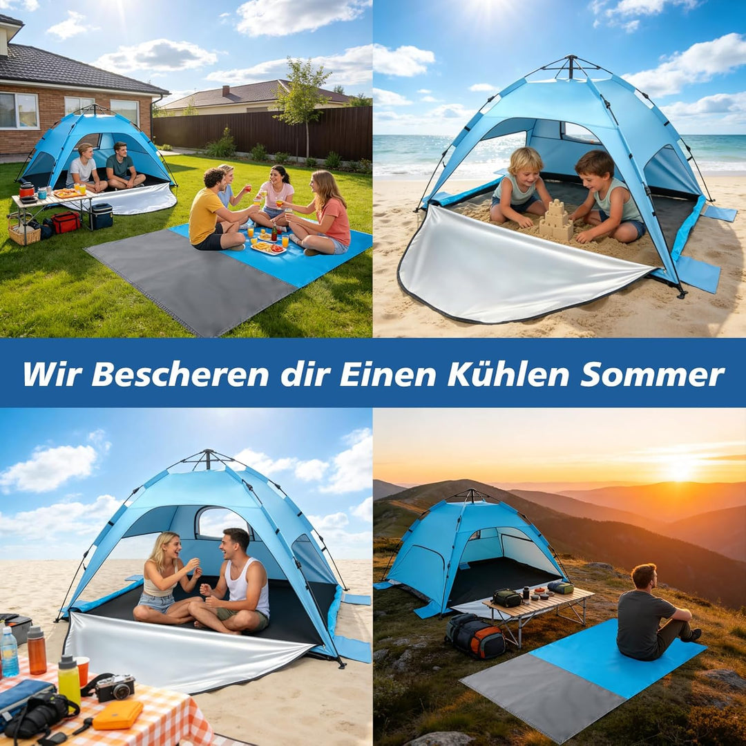 Strandzelt Strandmuschel Pop Up, UV Schutz 50+ Sonnenzelt mit Wasserdichter Strandmatte für 3-4 Pers