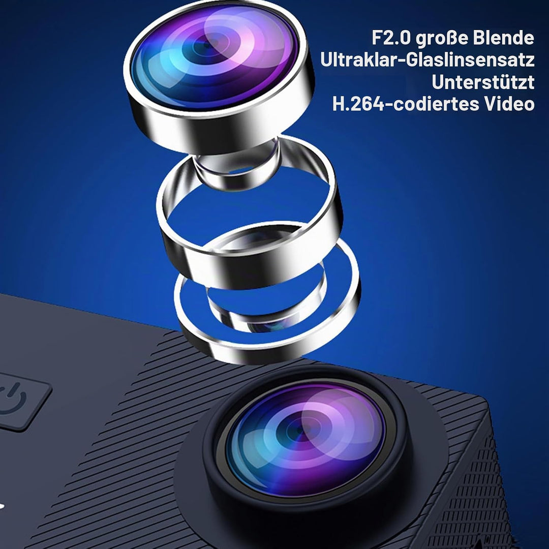 Action Kamera 4K HD, Radfahrkamera mit 2" IPS Display, 170° Weitwinkel, Elektronische Stabilisierung