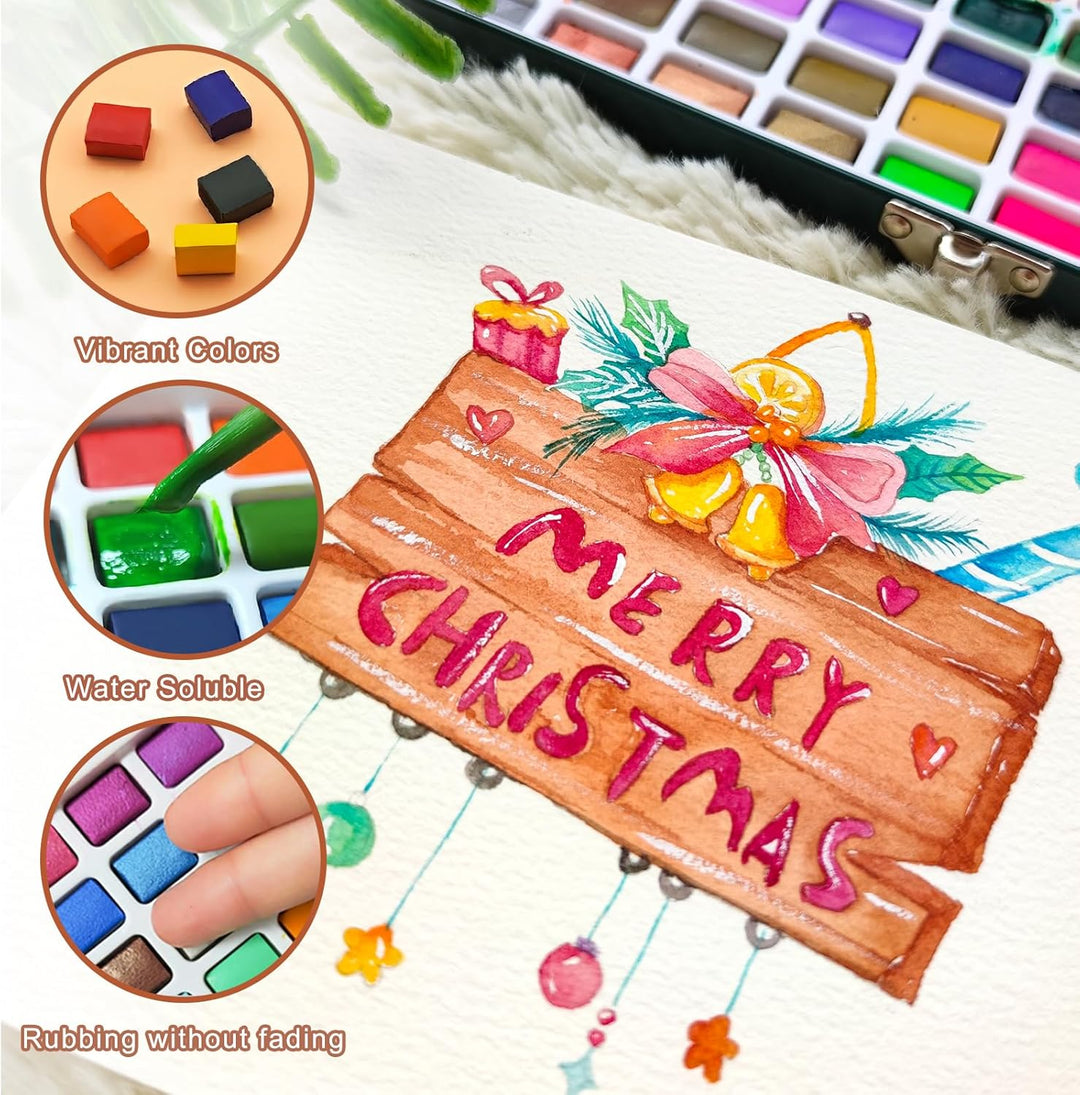 Artecho Aquarellfarben Set 100 Farben in Tragbarer Box, Mit Pinsel und Aquarellpapier, Aquarell für
