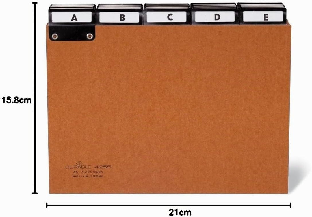Durable Leitregister A-Z aus Pressspan, 5/5 Teilung &amp; beschriftbare Taben, A5 quer, braun, 425511 A5