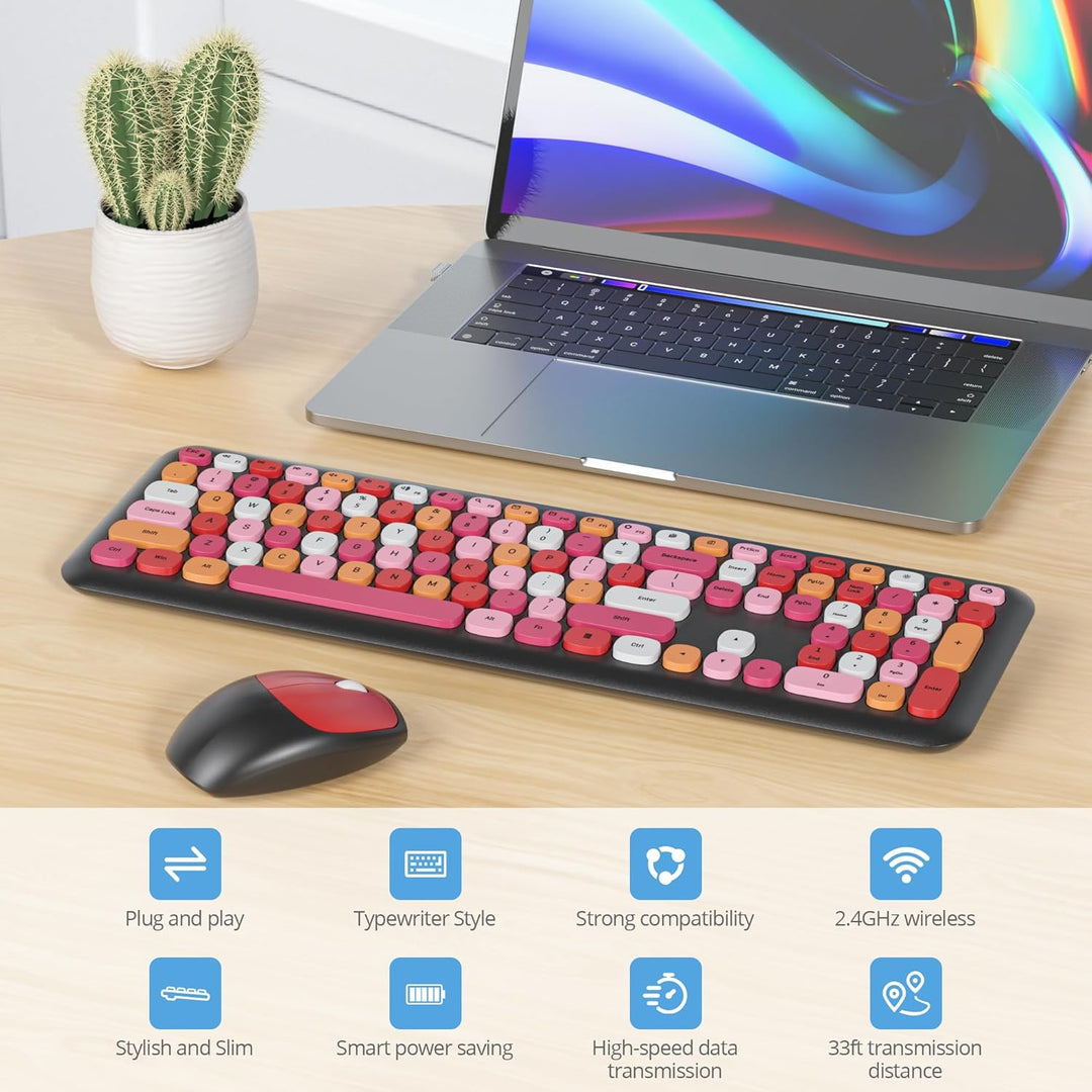 SOLIDEE Buntes kabellose Tastatur und Maus-Kombination,2.4GHz Retro Schreibmaschine Tastatur,104 Tas