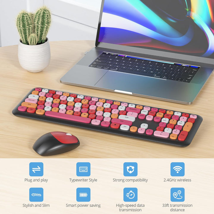 SOLIDEE Buntes kabellose Tastatur und Maus-Kombination,2.4GHz Retro Schreibmaschine Tastatur,104 Tas