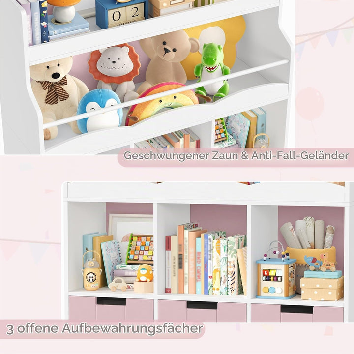 HOCSOK 110cm Kinderregal mit Boxen auf Rollen, Kinderbücherregal mit 4 Ablagefächern, Spielzeugregal