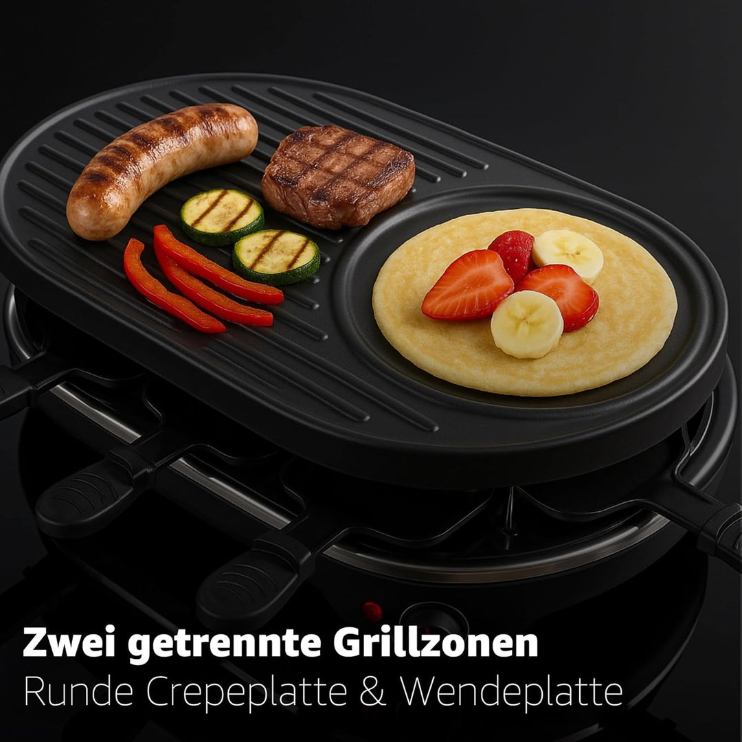 8 Personen Set Raclette Grill oval - Mit Grillplatte & Crepes Funktion - Tischgrill inkl. Pfännchen