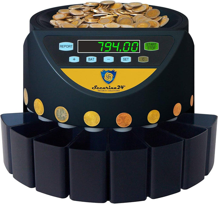 Münzzähler Geldzählmaschine Euro Münzen SR1200 von Securina24® (Schwarz - Goldlabel - BGB)
