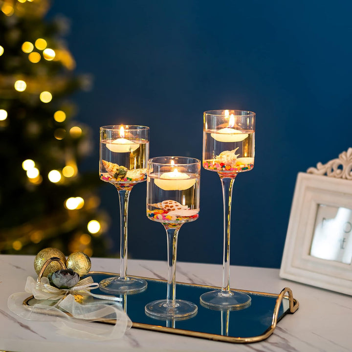Sziqiqi 3 Stück Teelichthalter Glas - Elegante Kerzenständer Hohe Kerzenhalter Stumpenkerzen Windlic