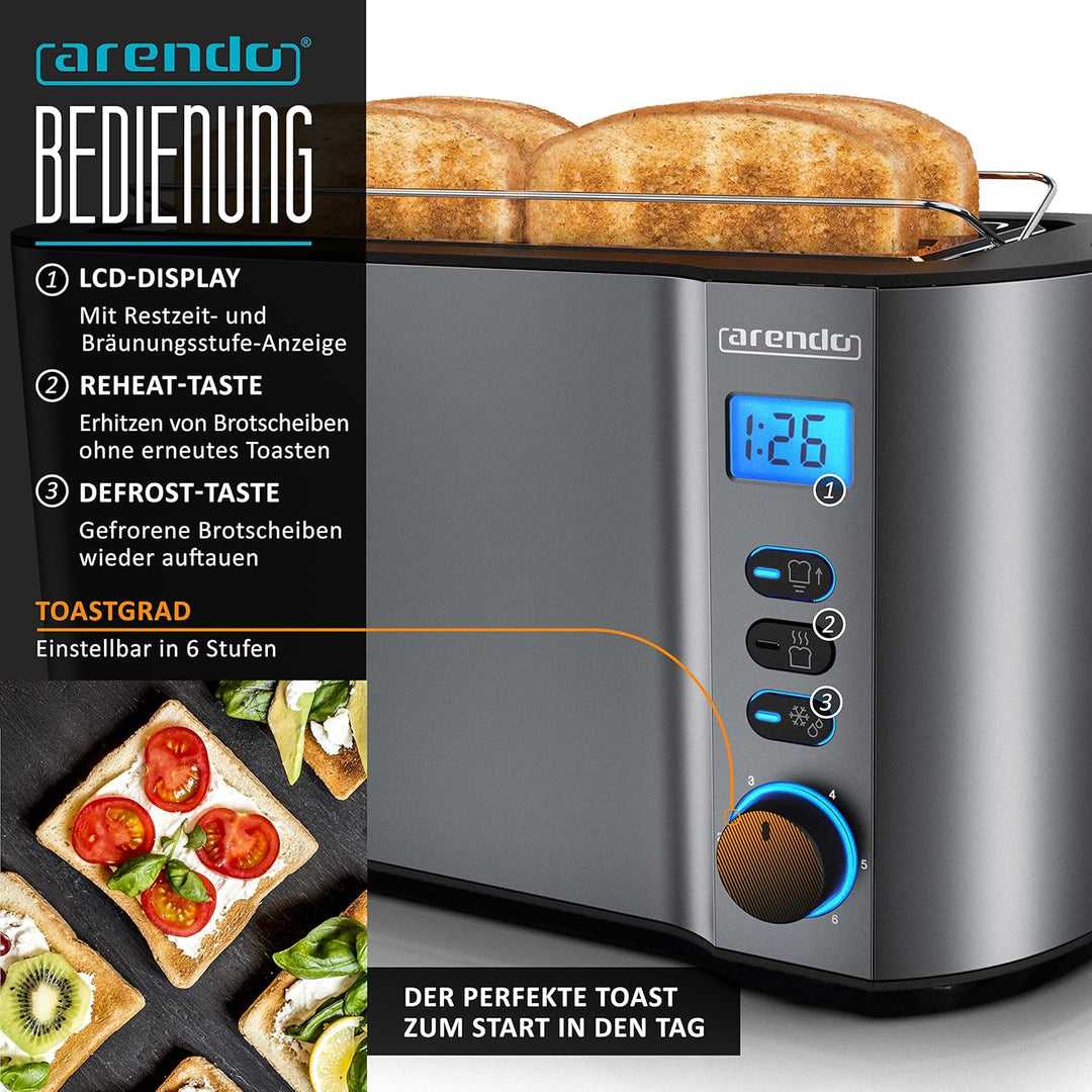 Arendo - SET Toaster MANHA mit Eierkocher SEVENCOOK Edelstahl Grau, Toaster 4 Scheiben, LED-Display,
