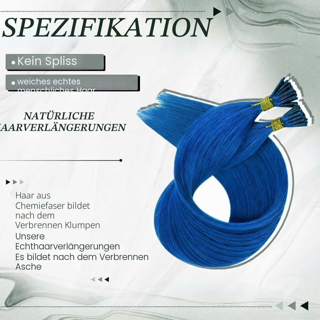 RUNATURE I Tip Extensions Echthaar Blau 40cm 25 Strähne I Tip Bunt Extensions Echthaar Unsichtbar Ha