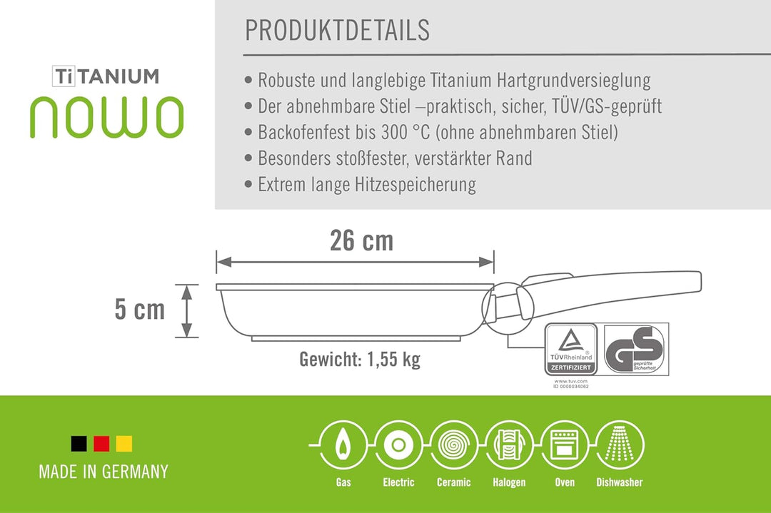 Woll – Nowo Titanium Flachpfanne Ø 26 cm, 5 cm hoch mit abnehmbarem Stiel – Aluminiumguss Antihaftpf