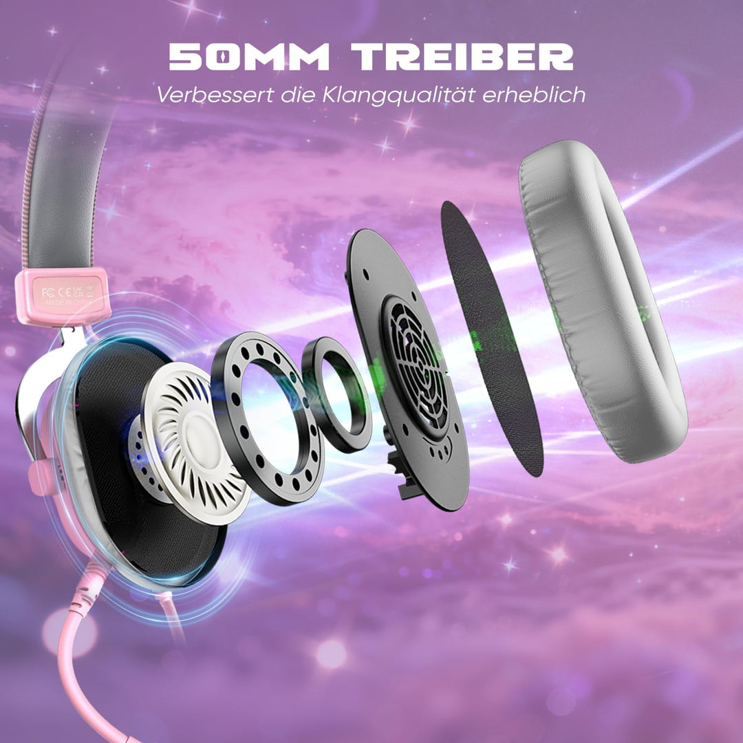 FIFINE Gaming Headset mit Mikrofon, Over Ear Kopfhörer mit Kabel, USB Headset für PC PS4 PS5, RGB He