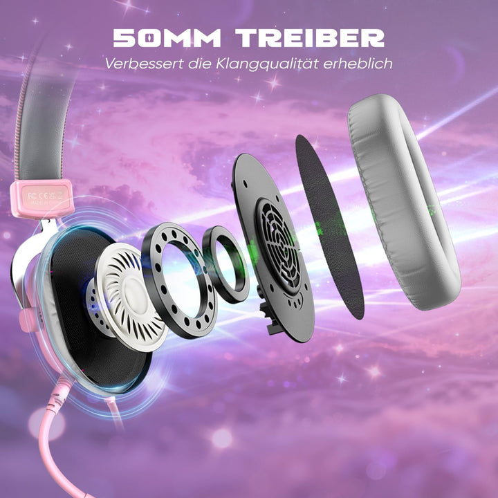FIFINE Gaming Headset mit Mikrofon, Over Ear Kopfhörer mit Kabel, USB Headset für PC PS4 PS5, RGB He
