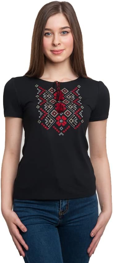 Damen Bekleidung T-Shirt Vyshyvanka Stickerei ukrainische ethnische Ornamente Grösse L