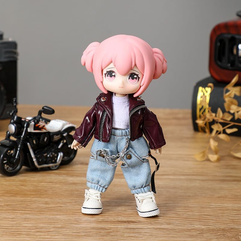 niannyyhouse 1/12 BJD OB11 Puppenkleidung Lederjacke Weste Zerrissene Jeans Puppe Dressup (Schwarz),