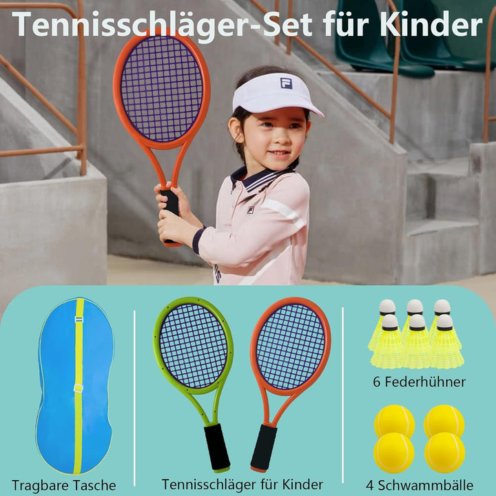 Kinder-Tennisschläger, 17-Zoll-Kunststoff-Tennisschläger mit 4 weichen Bällen und 6 Federbällen für