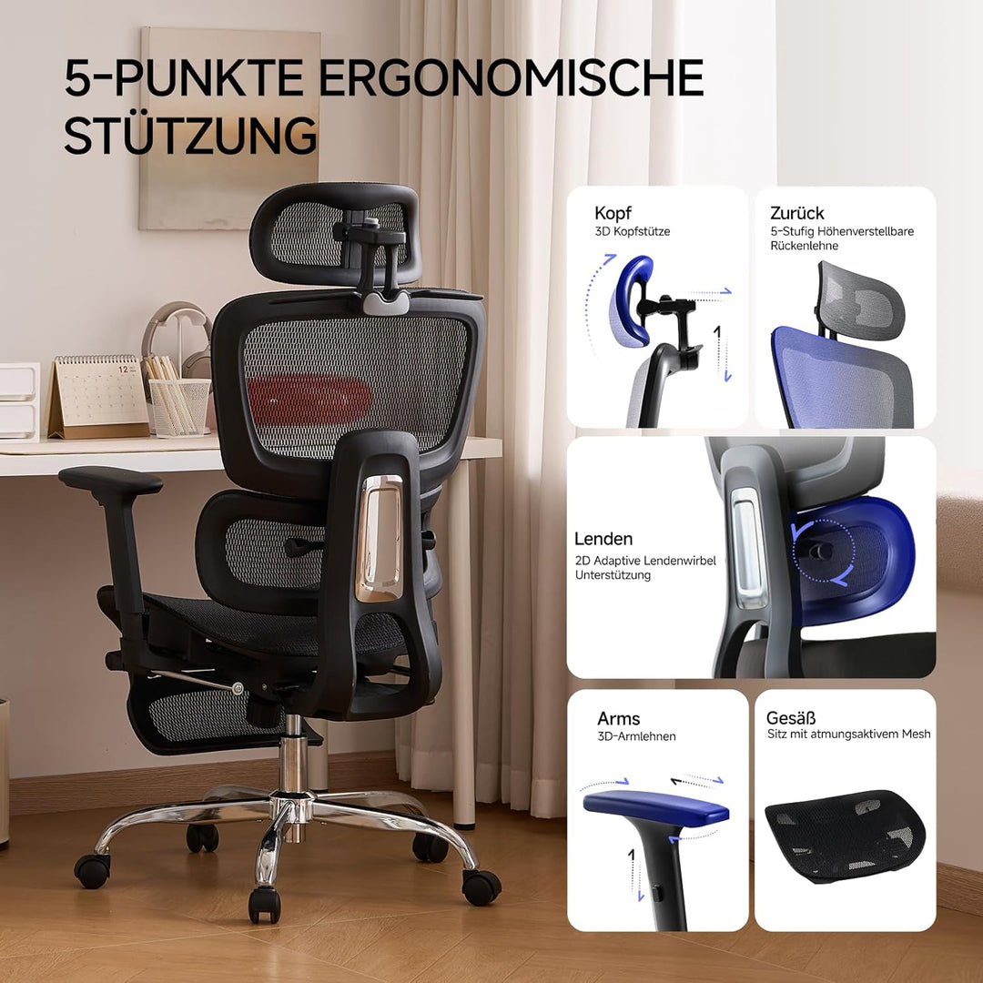 LarkLeaves Ergonomischer Bürostuhl mit Fussstuhl & 3D Armlehnen - Gaming Stuhl mit 5-Fach Höhenverst
